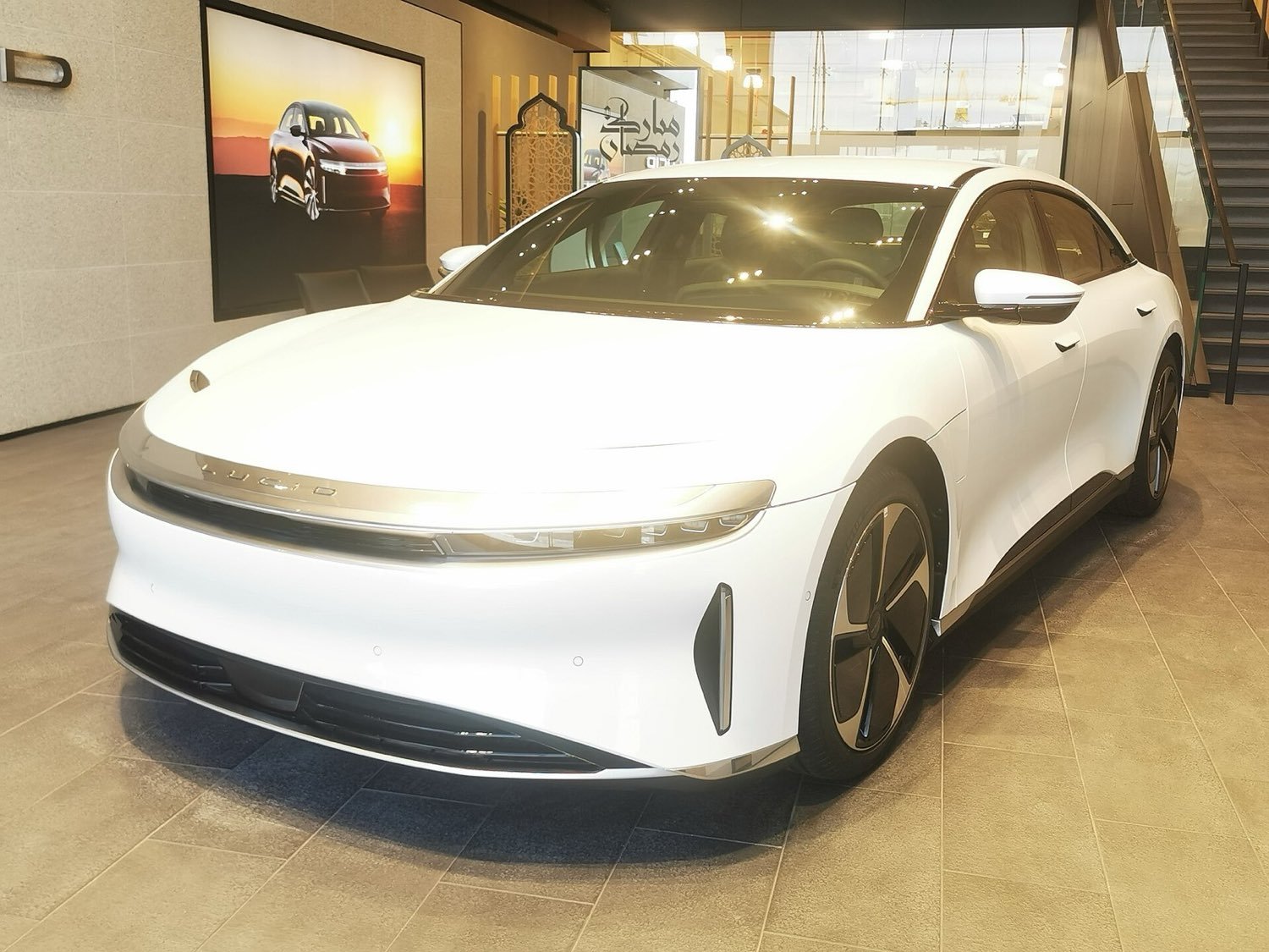 A Lucid Air inside a Lucid Motors showroom in Riyadh